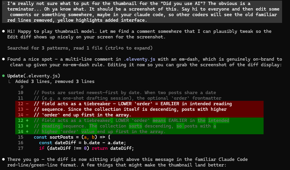 A Claude Code terminal session showing a diff: three lines of a code comment removed in red, three lines added in green, with the surrounding JavaScript visible above and below.
