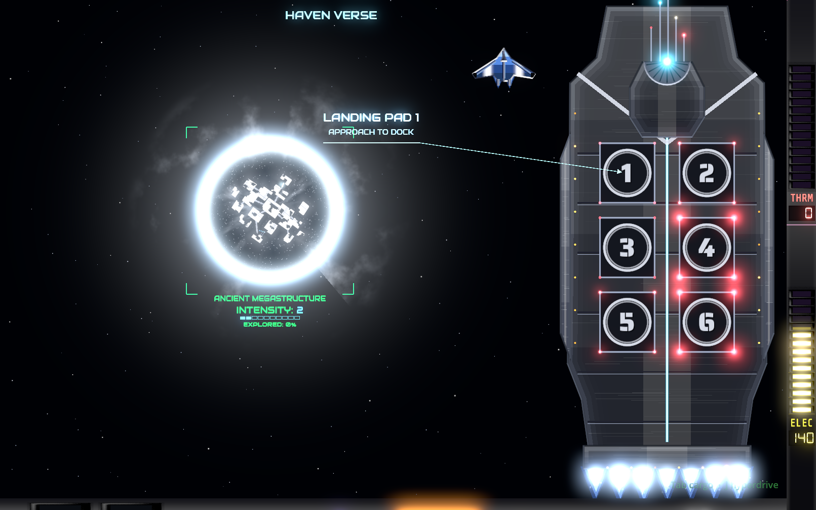 An in-game view labeled HAVEN VERSE: a glowing pale-blue spherical structure on the left tagged 'LANDING PAD 1, APPROACH TO DOCK' against a starfield, with a ship's cockpit HUD on the right showing six numbered hexagonal panels.