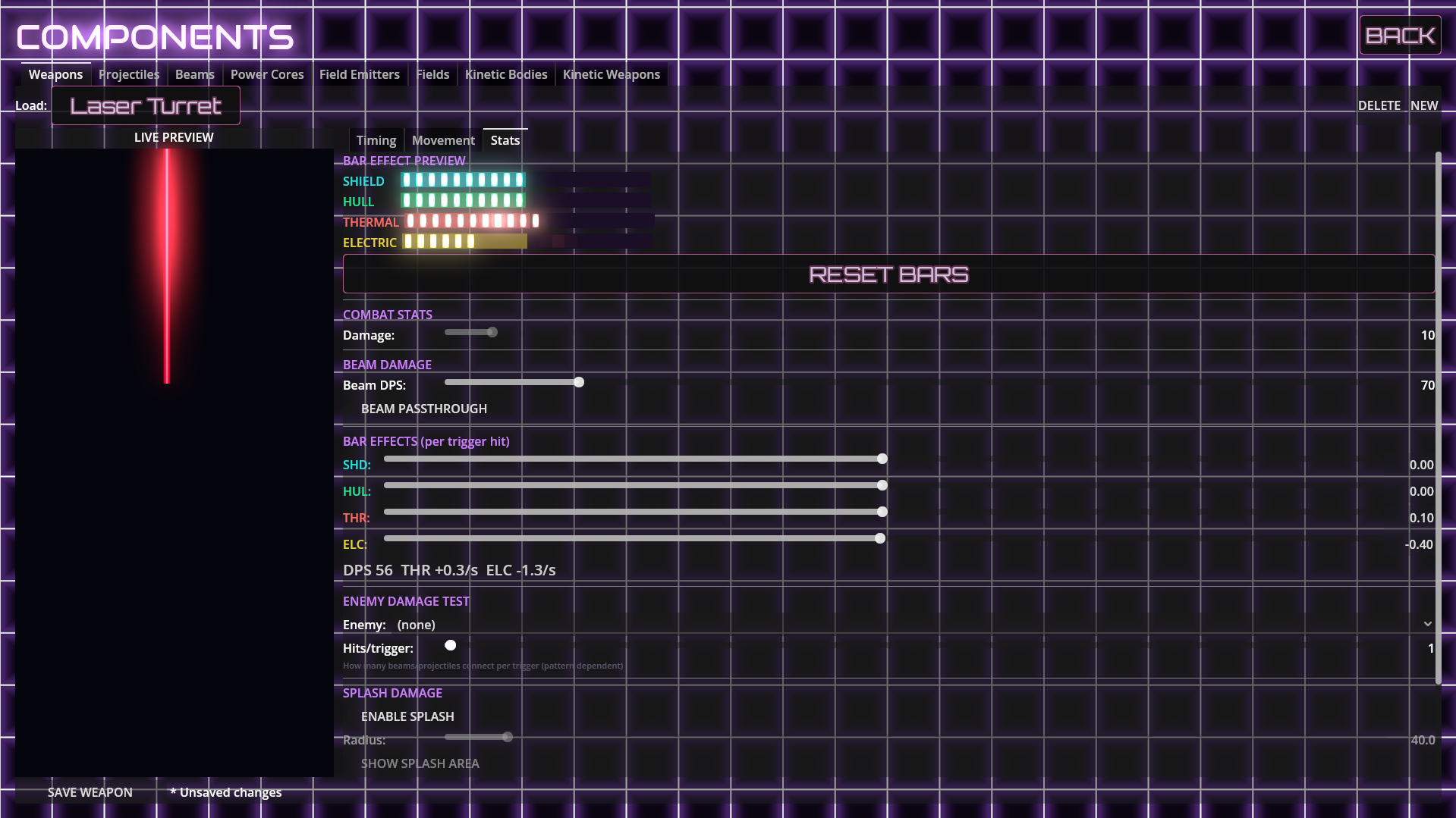 The same weapons creator with the Stats tab open. Damage, beam DPS, beam fasthrough, beam effects per shot, splash damage settings, enemy damage test, and DPS readouts dominate the right side.