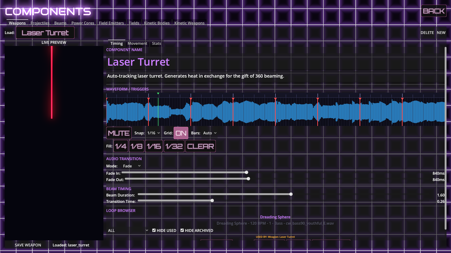 The weapons creator with the Laser Turret loaded. A waveform fills the upper half of the screen, with red trigger markers placed along it. Snap controls (1/4, 1/8, 1/16, 1/32) sit below.