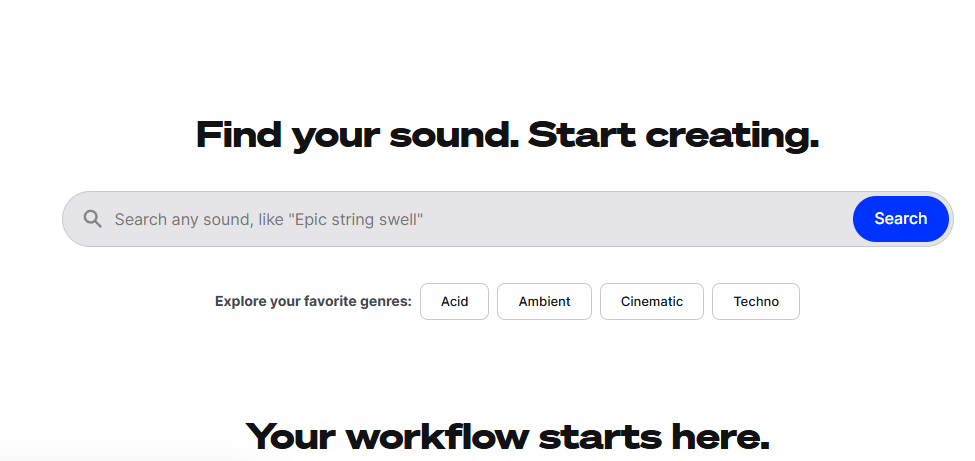 The Splice website's main search page. A huge headline reading "Find your sound. Start creating." sits above a single grey search bar suggesting "Epic string swell," with four genre chips below it. Lots of white space. Not a lot of clues.