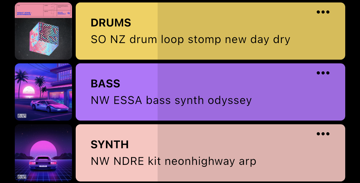 Three rows from the Splice mobile Stacks view — a yellow DRUMS loop, a purple BASS loop, and a pink SYNTH loop, each with a small album-art thumbnail.