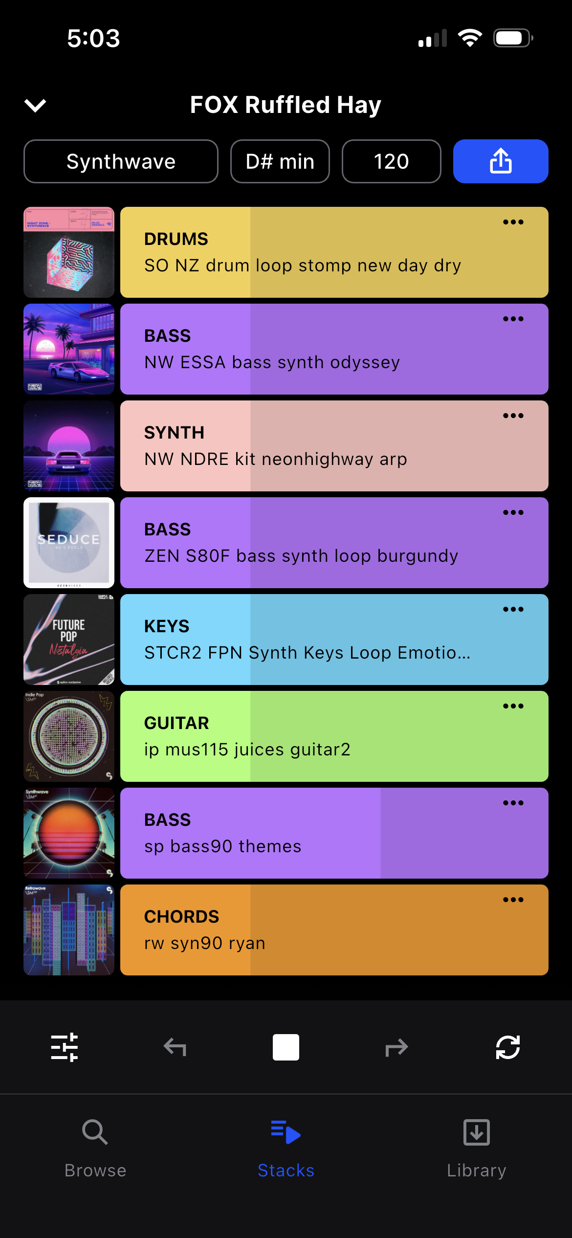 The Splice mobile app's Stacks view. A stack called "FOX Ruffled Hay" tagged Synthwave, D# min, 120 BPM. A vertical column of colorful loop tiles — DRUMS, BASS, SYNTH, BASS, KEYS, GUITAR, BASS, CHORDS — each with its own album art and a small description.
