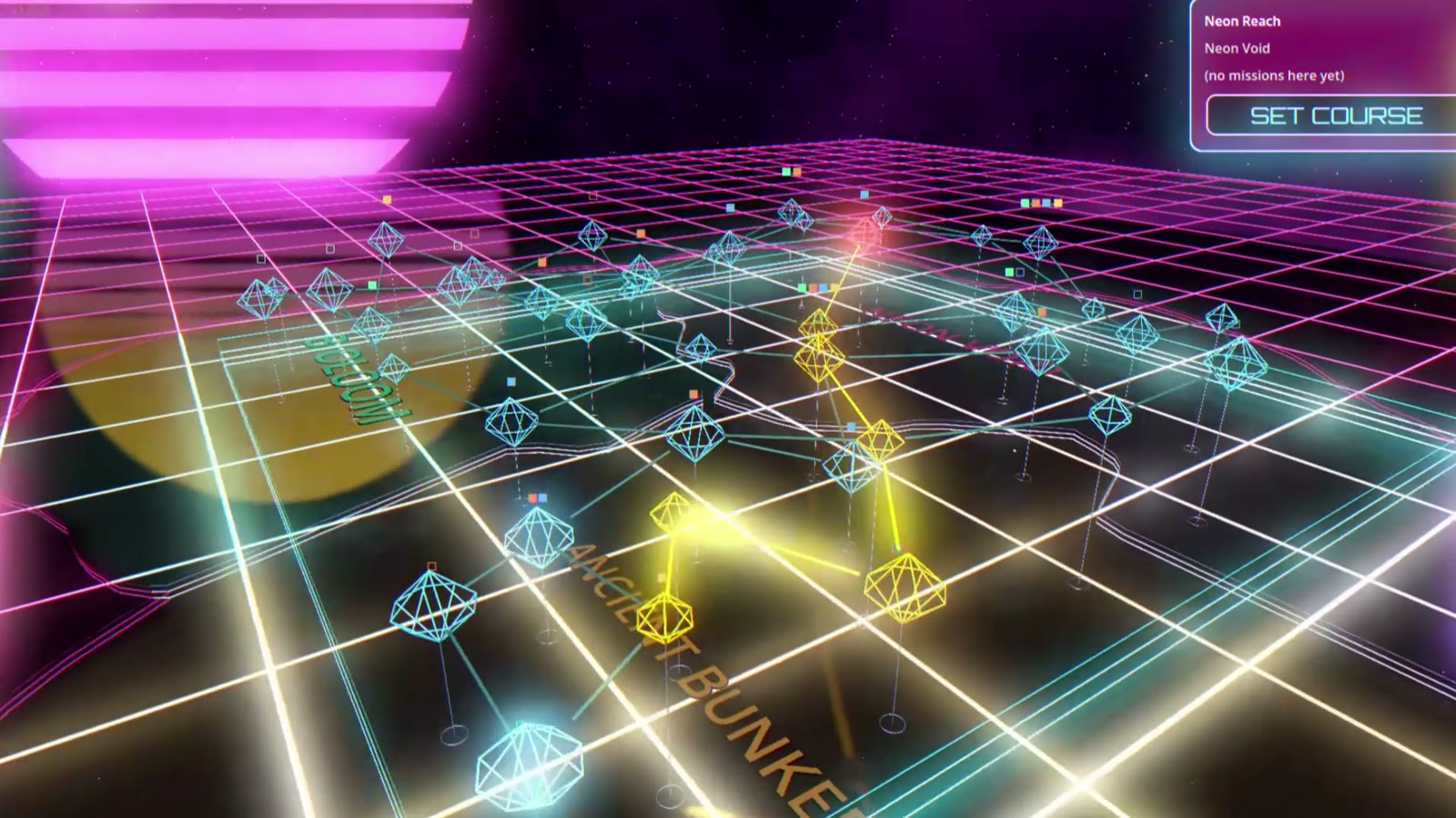 The SYNTHERION galaxy map — a neon synthwave grid dotted with star-system nodes, region labels, and a SET COURSE panel.